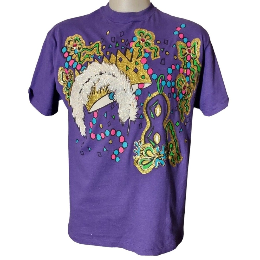 Hanes Mardi Gras Shirt Women's Size L Vintage Purple Mask Glitter Retro Y2K Bold